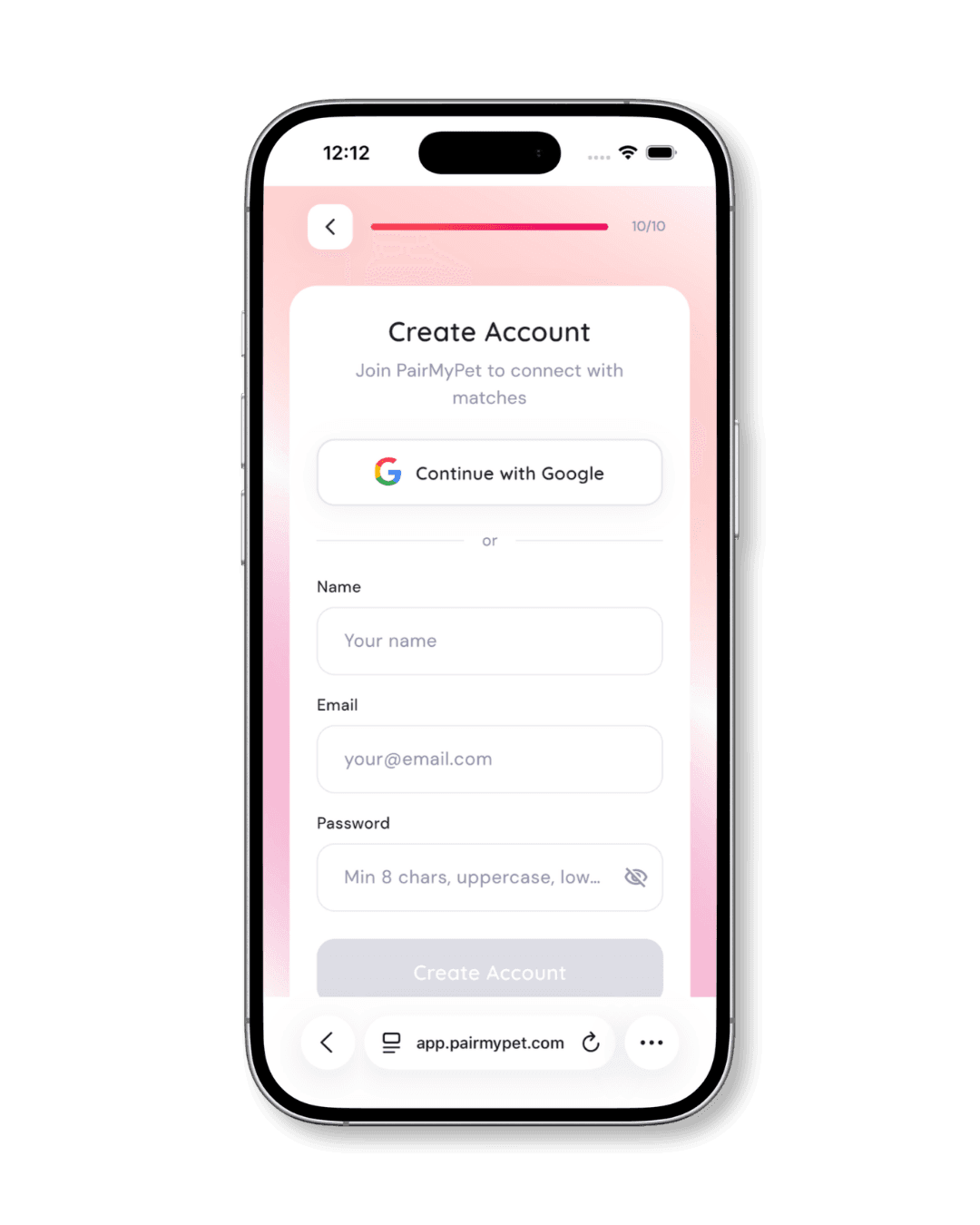 Creating a PairMyPet account with Google or email signup.