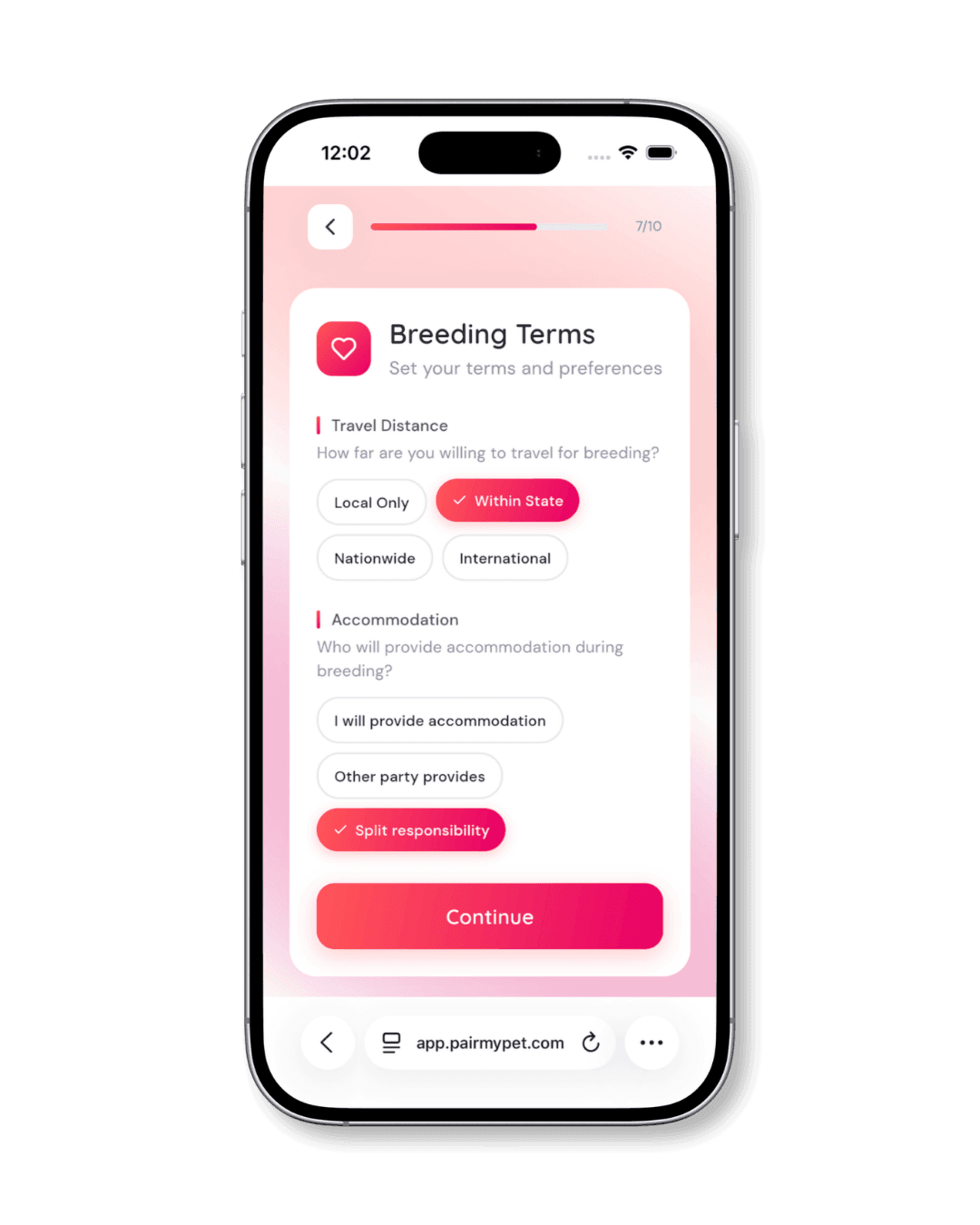 Setting breeding terms including travel distance and accommodation preferences on PairMyPet.