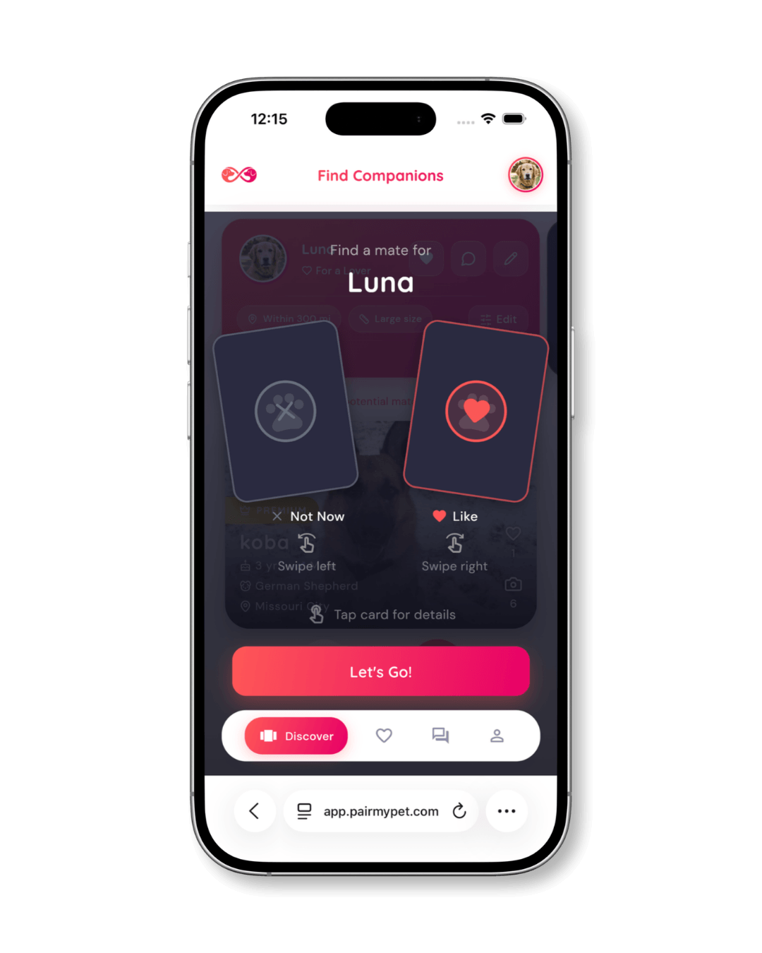 PairMyPet onboarding tutorial showing how to swipe through potential matches.