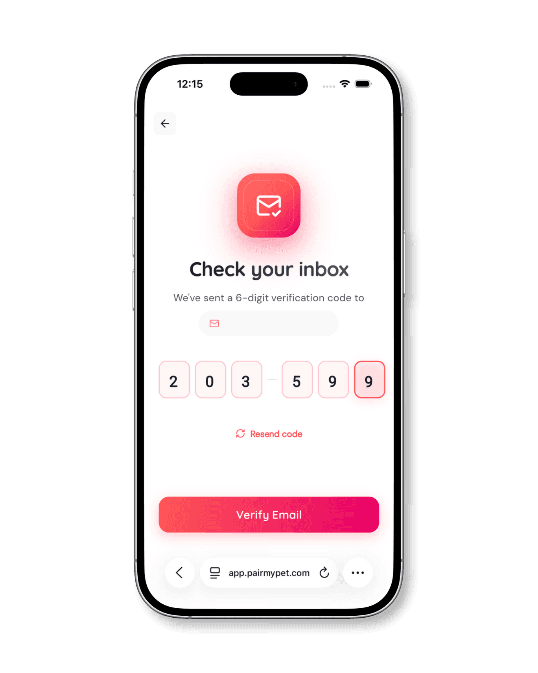 Verifying your email address with a 6-digit code on PairMyPet.