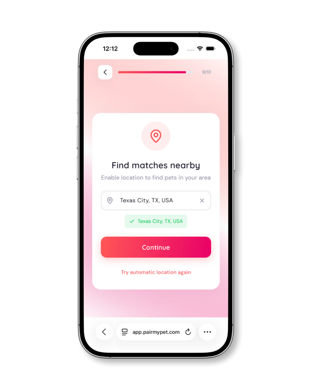 Setting your location on PairMyPet to find nearby matches.