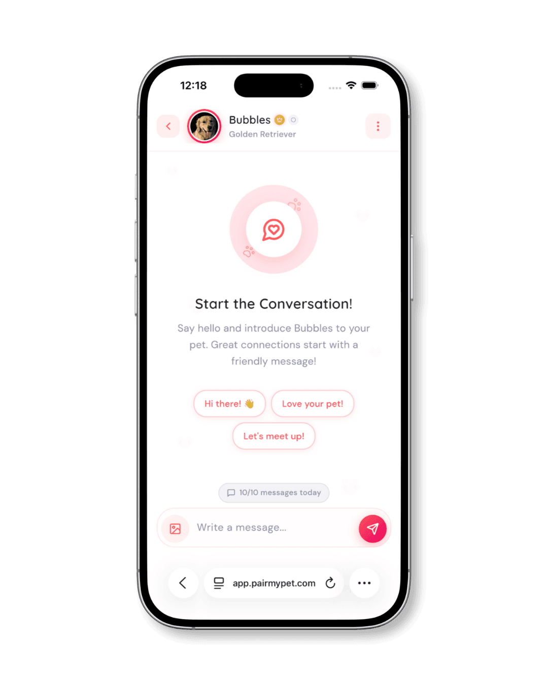 Starting a conversation with a pet owner on PairMyPet's messaging screen.