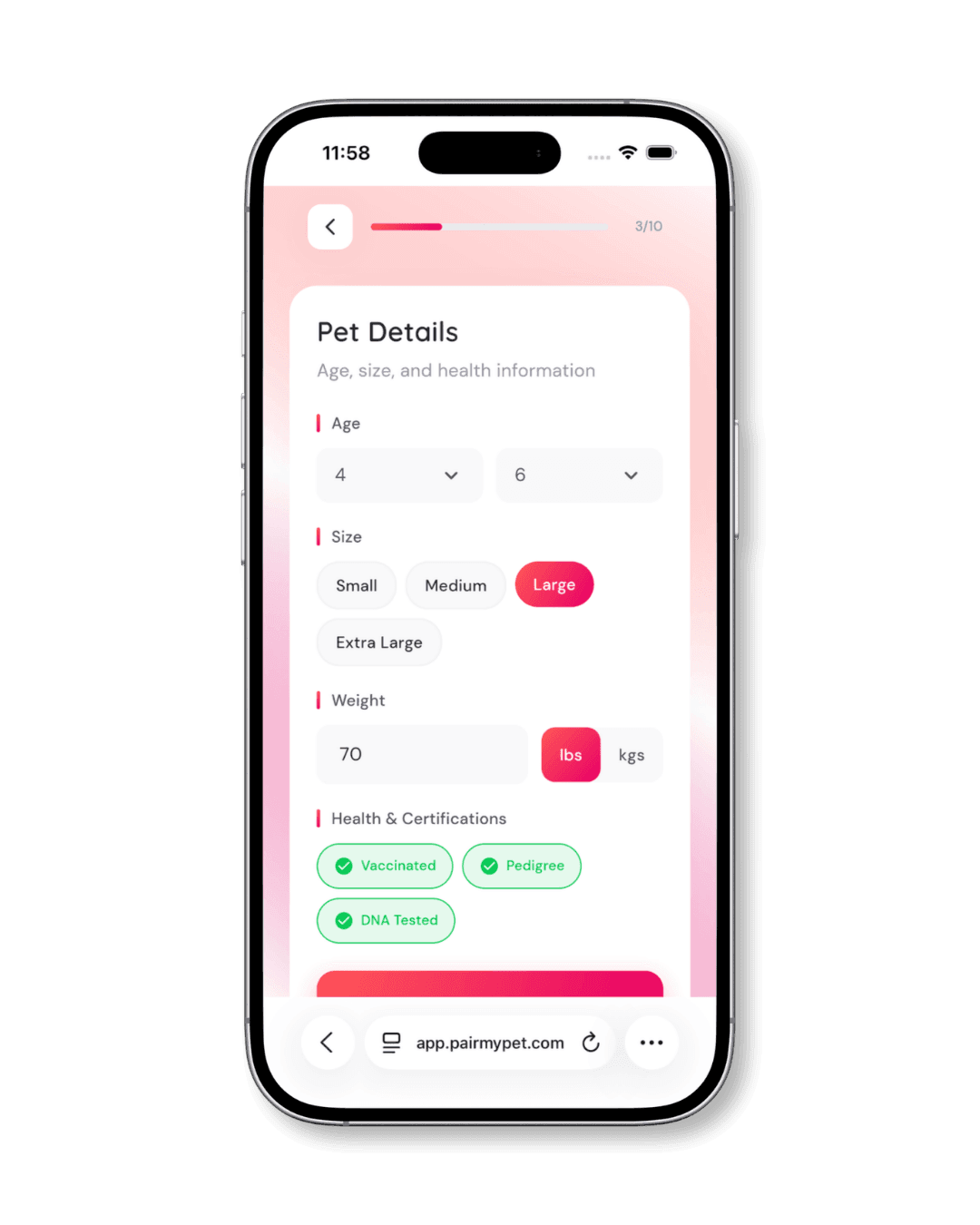 Adding pet age, size, weight, and health certifications on PairMyPet.