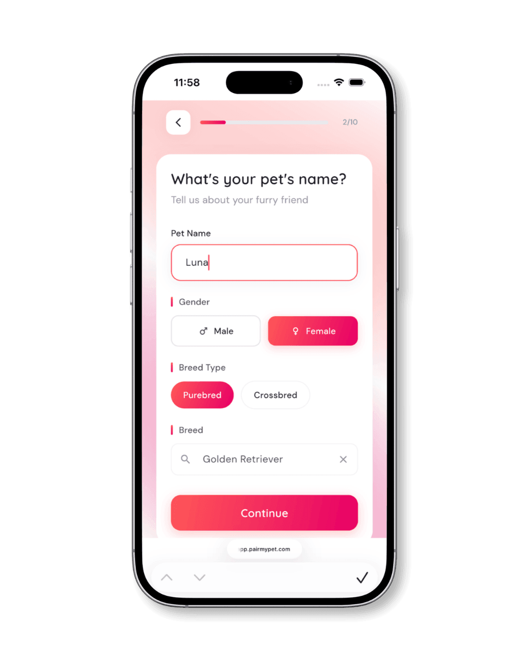 Entering pet name, gender, breed type, and breed on PairMyPet.