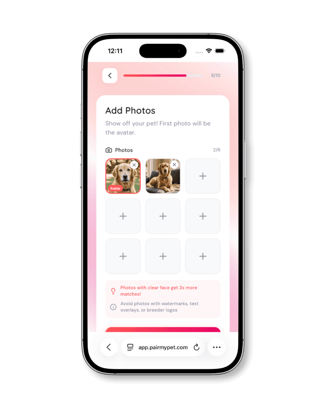 Uploading pet photos on PairMyPet with the first photo set as the profile avatar.