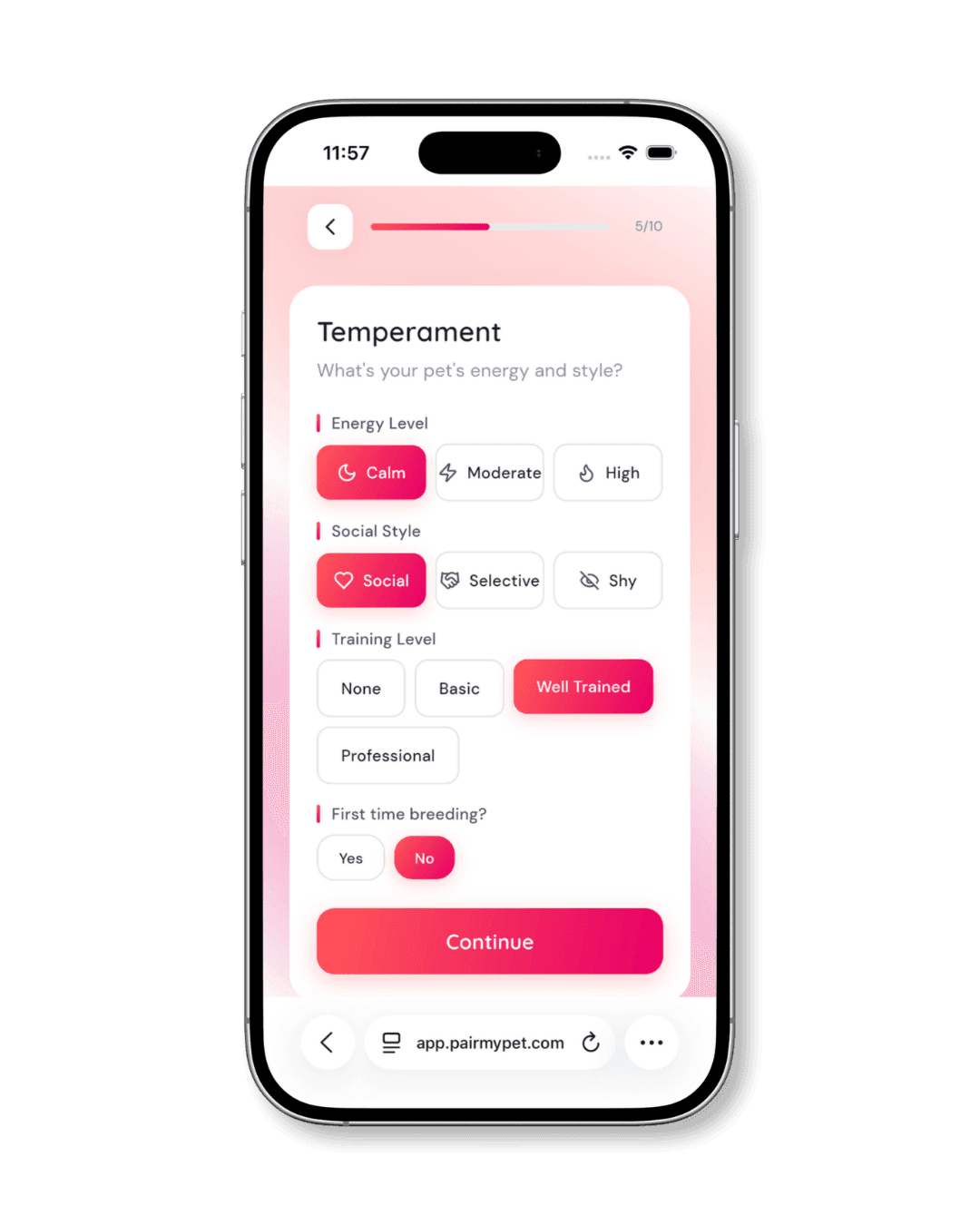 Setting your pet's temperament, energy level, and training details on PairMyPet.