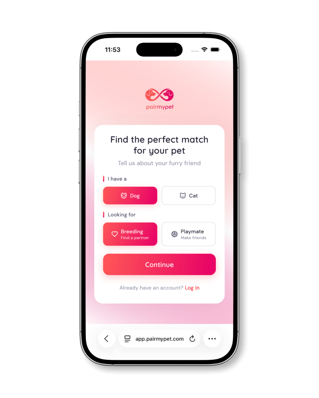 PairMyPet welcome screen where you choose your pet type and whether you're looking for breeding or a playmate.